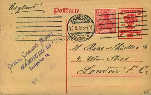 1919, 10 Pf. GSK zur Nationalversammlung mit Zusatzfrankatur unbeanstandet ab Hamburg ins Ausland nach London gelaufen.