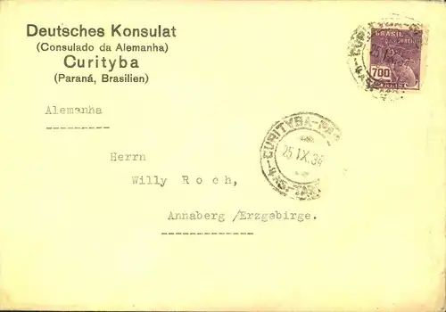 1934, "Deutsches Komsulat in Curityba (Parana, Brasilien). Brief nach Deutschland.