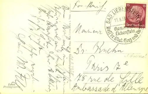 1938, Postkarte  ab BAS UEBENSTEIN nach PARIS an "Ambassade d 'Allemagne"