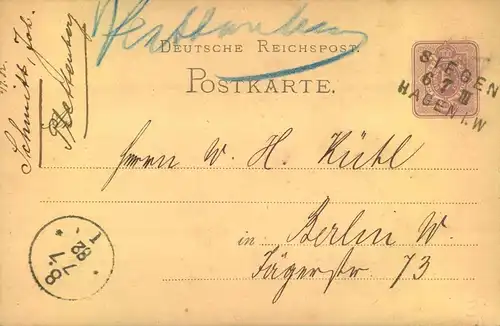 1882, Bahnpost L3 "SIEGEN - HAGEN I. W." mit handschriftlicher Übernahme "Plettenberg" auf GSK