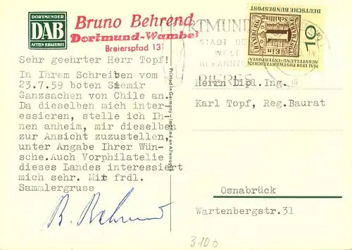 1958, BIER / BEER - Werbekarte "Dortmunder Aktienbrauerei"