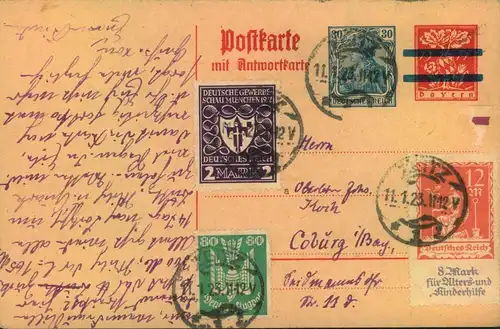 1923, hoch frankierte Frage Ganzsachenkarte , geprüft Infla Berlin