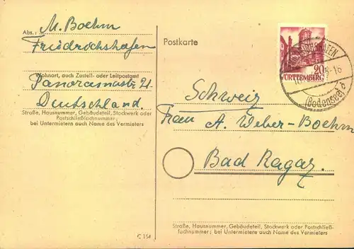 1949, 20 Pf  Freimarke als EF auf  Postkarte ab FRIEDRICHSHAFEN in die Schweiz.