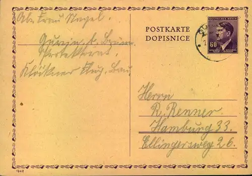 1943, Karte mit deutschem Absender "Klöckner Flufzeugbau" nach der Verlagerubg nach Gurein, Böhmen