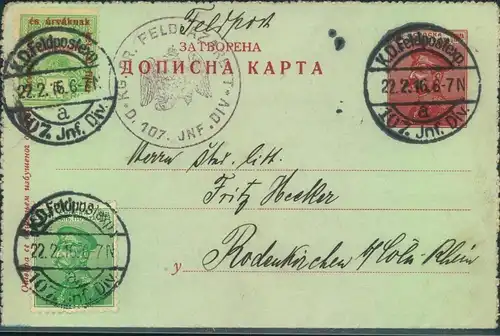 1916, serbischer Kartebrief mit Zusatzfrankatur per deutsche Feldpost nach Cöln Rodenkirchen.