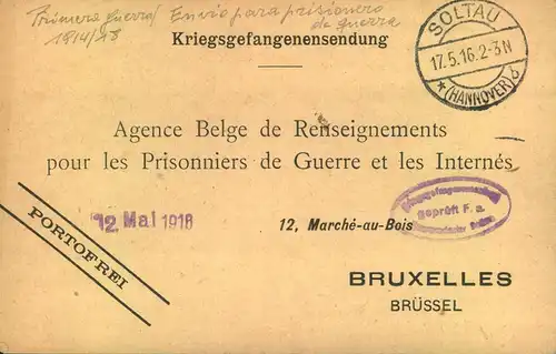 1916, seltenere Kriegsgefangenenkarte ab SOKTAU nach Brüssel