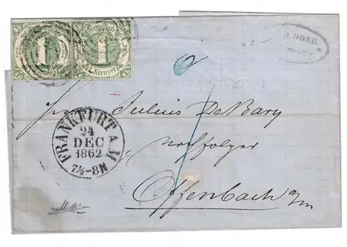 1862, Faltbriefhülle mit waag.  Paar 1 Kreuzer ab "220" FRANJFURT (MAIN) nach Offenbach