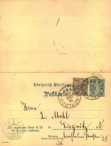 1901, 2 Pfg. Doppelkarte mit 3 Pfg. Zusatz ab DEGERLOCH