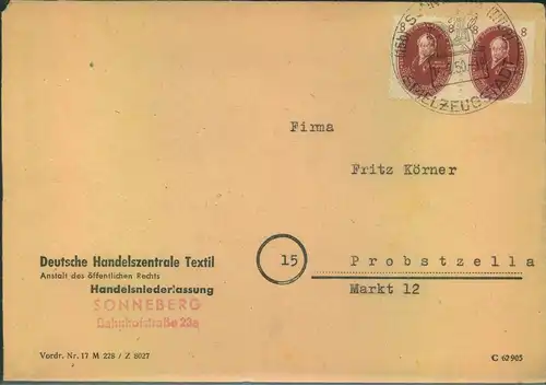 1950, 2-mal 8 Pfg. Akademie auf Ortsbrief in SONNEBERG