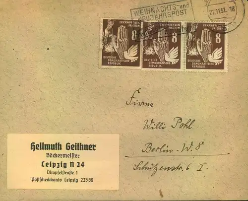 1951, 8 Pfg. Frieden 3-mal  auf Fernbrief ab LEIOZIG