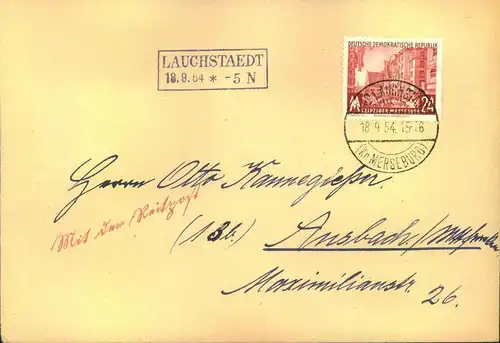 1954, 24 Pfg. Herbstmesse als EF auf Fernbrief ab LAUCHSTADT. So nur knapp 4 Wochen möglich.