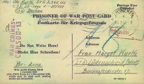 1947, Kartete aus dem "WAR CRIMES" Lager  in DACGAU  ab München nach Küdenscheid