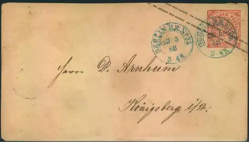 1868, 1 Gr.Ganzsachenumschlag als Ortsvrief an "BERLIN  P.E. No. 25-