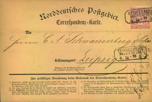 1871, Correspondenzkarte von "SCHNEEBER NEUSTÖ'ÄT - Reichspost-Vorläfer.
