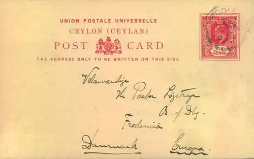 1907, 5 Cent stationery used from COLOMBO to Denmark