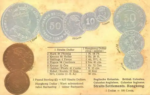 MÜNZEN DER WELT- COINS OF THE WORLD - Prägekarte/ embossed - Englische Kolonien - Straits Settlements Hongkong