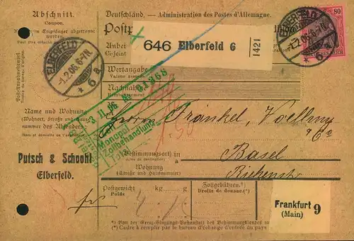 1906, 80 Pfg. Germania als EF auf Paketkarte ab ELBERFELD