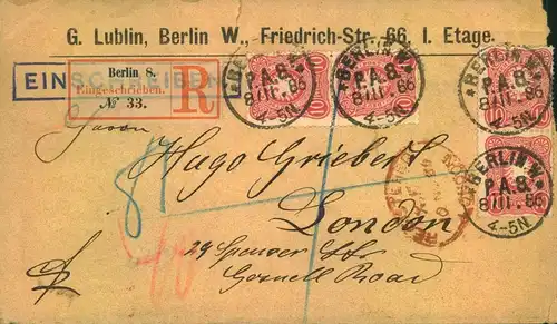 1886, Einschreiben ab BERLIN 8 nach Londin