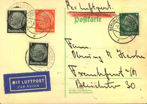 1937, Bedarfs-Luftpostkarte ab BERLIN CHARLOTTEBURG 2, Seltene 16 Pfg, Rate