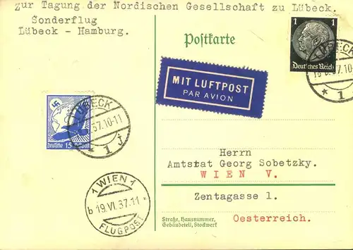 1938, Luftpostkarte Sonderflug „Lübeck . Hamburg“ weiter nach Wien