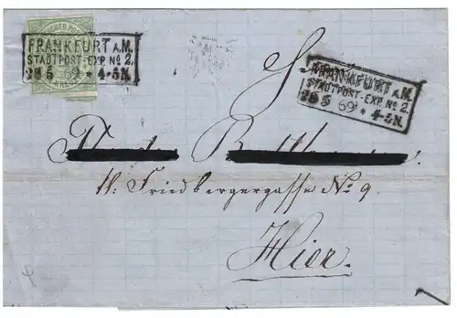 1869, 1 Kreuzer durchstochen als EF auf Ortsbrief „FRANKFURT a. M. STADTPOST – EXP: No. 2“