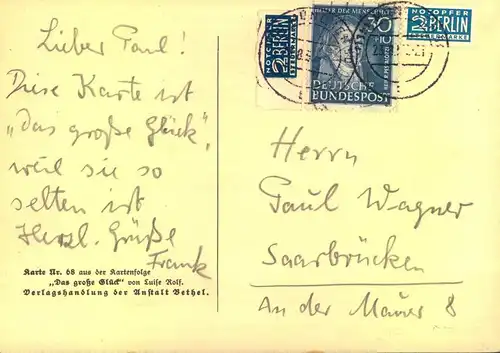 1951, 30 Pfg. Helfer der Menschheit auf überfrankirtter Auslandskarte  in das Saarland