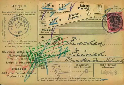 1906, 8, Pfg. Germania Friedensdruck (3) auf Paketkarte für 5  4 Pakerenab LEIPZIG