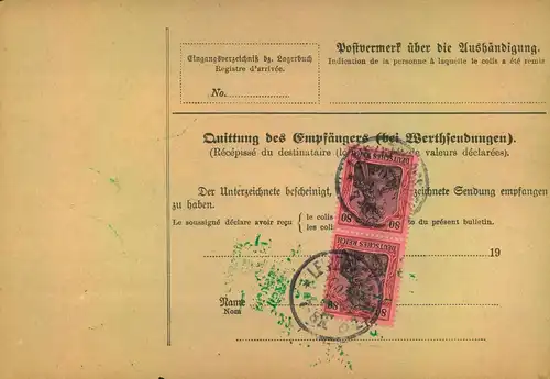 1906, 8, Pfg. Germania Friedensdruck (3) auf Paketkarte für 5  4 Pakerenab LEIPZIG