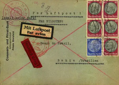 1933, Luftpost – Eilbotenbrief mit hoher 3,25 RM  Frankatur ab BIELEFELD nach Brasilien.