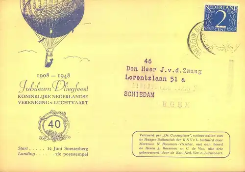 1948, Sonderkarte 40 Jahre 2Königlich Niederländische Luftfahrt Vereinigung“