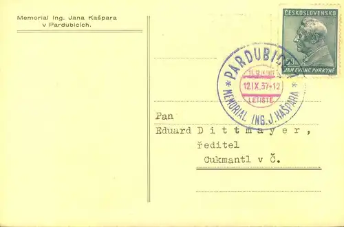 1937, Sonderkarte „MemorialOng. JANA KASPARA, PARDUBICE“