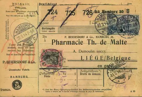 1914, Auslandspaketkarte  für 3 Pakete von HAMBURG nach Lüttich, Belgien