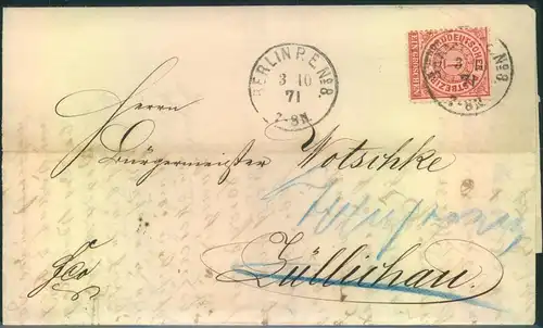 1871, Reichspostvorläufer, Brief ab "BER;IN P.E.No.8 - 3.10.71"