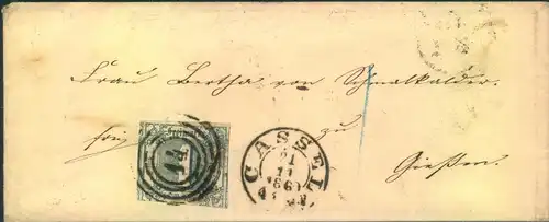 1861, 1 Sgr auf kleinem Umschlag mit Nummernstempel „14“ ab CASSEL nach Gießen
