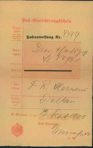 1900, Postschein für eine Postanweisung von M. GLADBACH