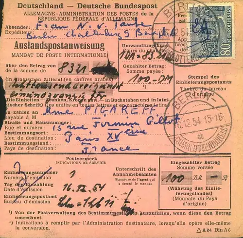 1954, internationale Postanweisung min 80 Pfg. Bauten und französischem Bestellgeld