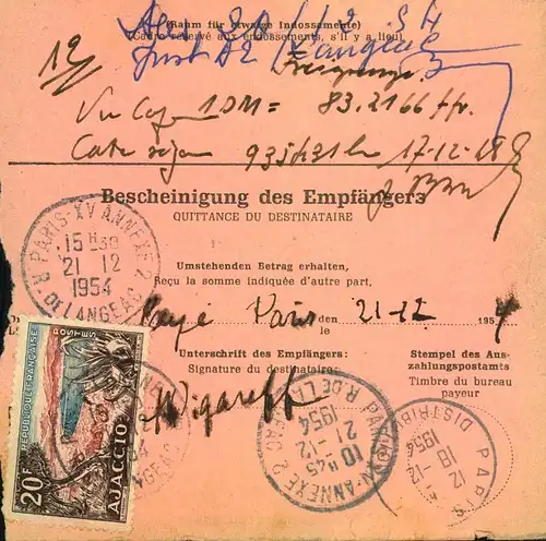 1954, internationale Postanweisung min 80 Pfg. Bauten und französischem Bestellgeld