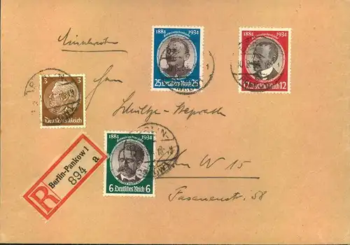 1934, Doppel-Orts-R-Brief ab BERLIN - PAMKOW nach W 15. Seltene 46 Pfg. Frankatur