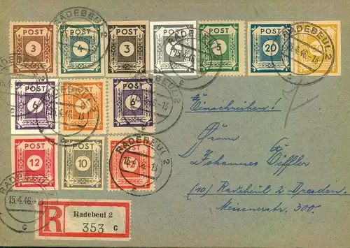 1946, Einschreiben ab RADEBEUL mit 12 Ziffernmarken geschnitten / gezähnt