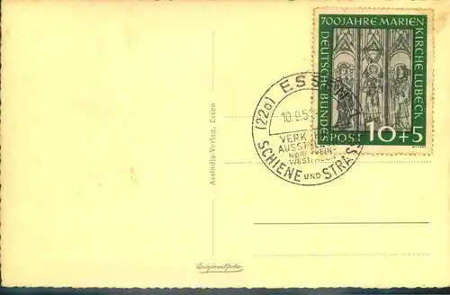 1951, 10 Pfg. Marienkirche mit Sonderstempel ESSE auf Bkankoposkarte Grugapark