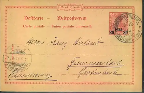 1903, Ganzsachenkarte 20 Para auf 10 Pfg. ab "CONSTANTINOPEL 3" nach Gummersbach