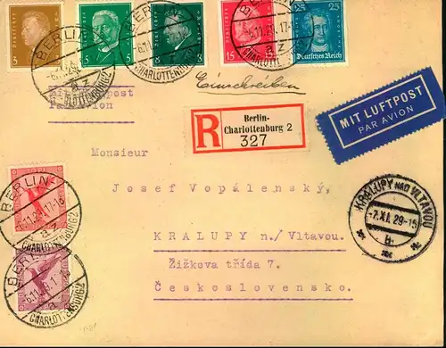 1931, attraktiver Luftpost-R- Brief ab "BERLIN-CHARLOTTENBUR 2"in die CSR