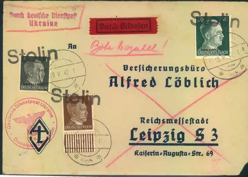 1942, DEUTSCHE DIENSTPOST ULRAINE, Eilbrief mit Hitlerfrankatur und seltenem L1 "Stolin"