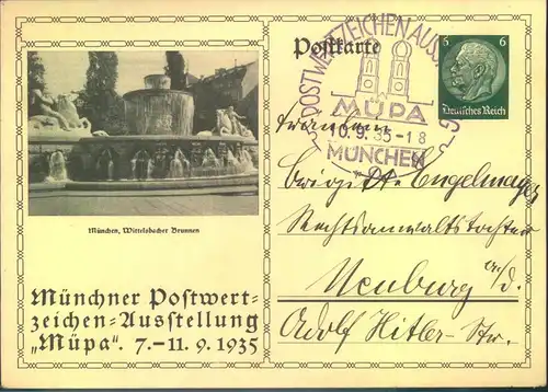 1935, Privatganzsachenkarte "Münchener Postwertzeichen-Ausstellung" mit Sonderstempel und viel Text.
