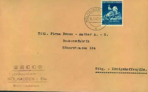 1942 25 Pfg.   Wiener Messe als /unnötige( Einzelfrankatur auf Firmenbrief von MÜHLHAUSEN nach Königsberg / Elsaß