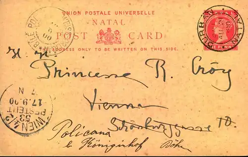 1900:1 Penny postal stationary from Durban to Vienna, forwarded to BILE PODOLNY/WEISS PODOL, Bohemia
