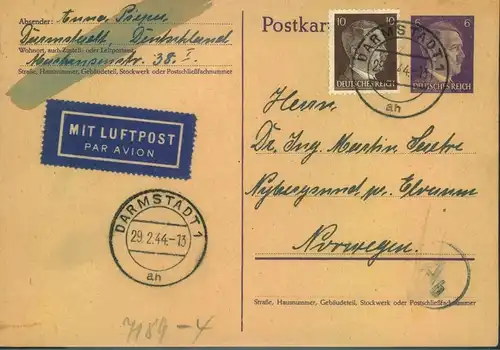 1944, Luftpostkarte ab DARMDTSDT nach Norwegen mit chemischer Zenszr