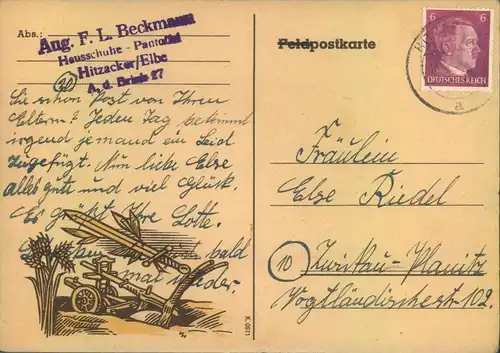 1945, SPÄTE POST: Postkarte ab HITZACKER 15.3.45