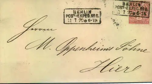 1870,BERLIN POST-EXOED. No. 8 - 11 7 70", schwarzer Ra3 auf Ortsbrief 1 Groschen