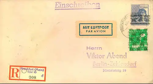 1948, Einschreiben per Luftpost ab FRANKFURT( (MAIN) SPD nach Berlin.